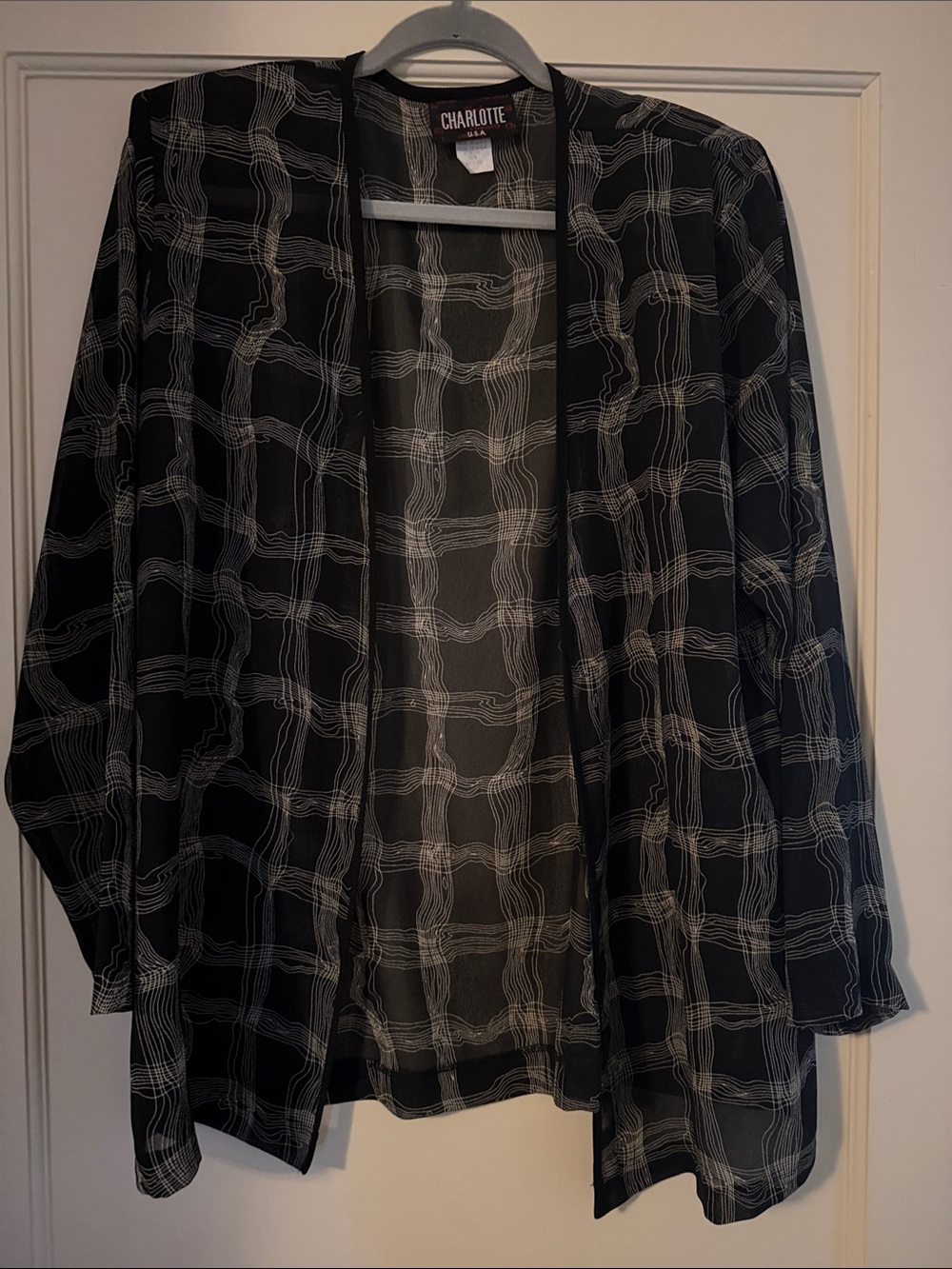 Charlotte Black and White Sheer Grid-Print Open Cardigan
